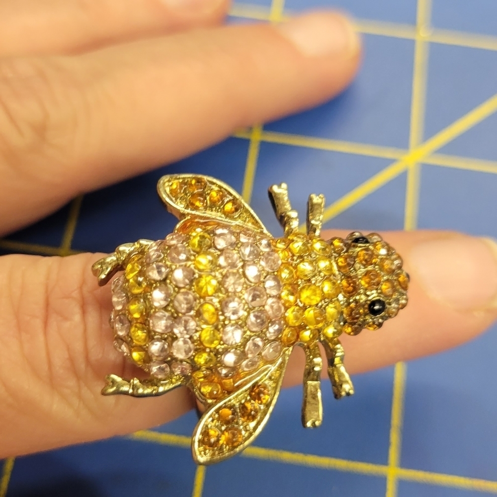 Bubble Bee Yellow & White Rhinestone Gold Tone Adjustable Ring